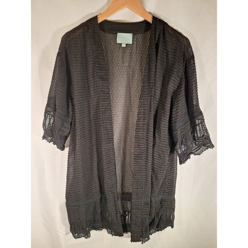 Skies Are Blue‎ Womens Black Lace Trim Open Front Mesh Cardigan Small 20950DL